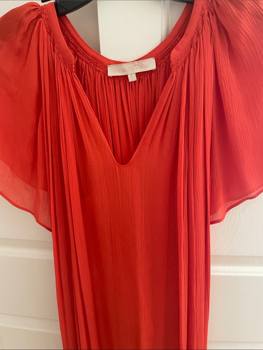Vanessa Bruno Coral-Red Silk Pleated Flutter-Sleeve Dress
